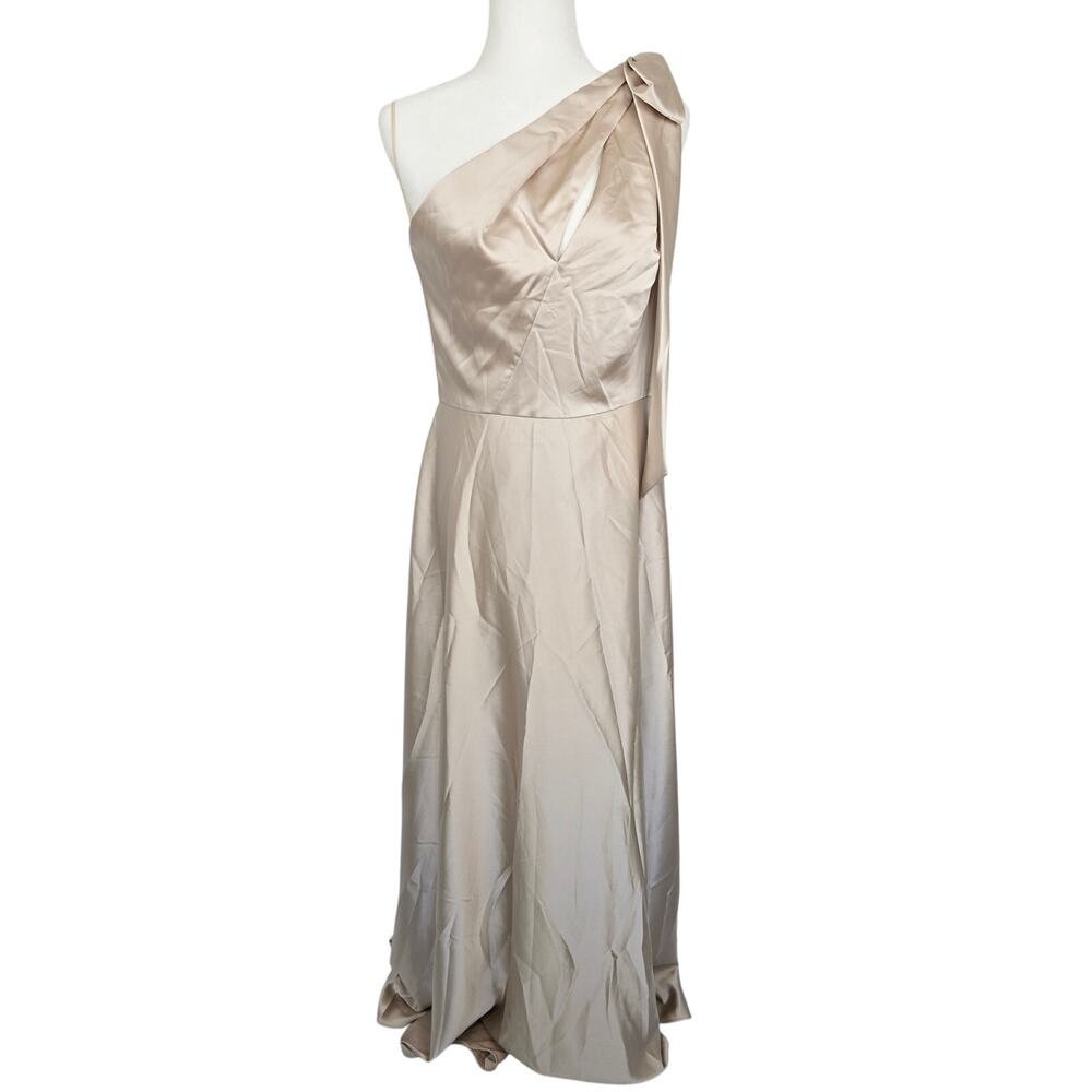 Amsale Dress Size 10 Bow One Shoulder Satin Maxi Gown in Champagne Light Gold